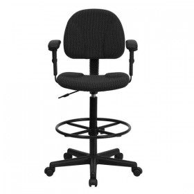 Black Patterned Fabric Ergonomic Drafting Stool with Arms (Adjustable Range 26''-30.5''H or 22.5''-27''H) [BT-659-BLK-ARMS-GG]