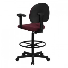 Burgundy Fabric Ergonomic Drafting Stool with Arms (Adjustable Range 26''-30.5''H or 22.5''-27''H) [BT-659-BY-ARMS-GG]