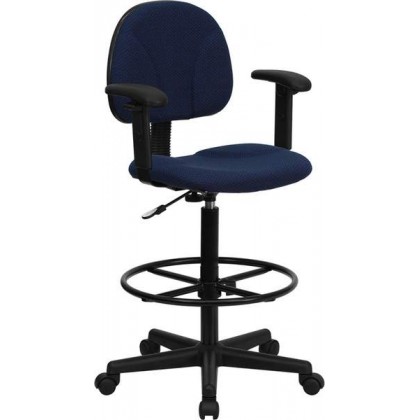 Navy Blue Patterned Fabric Ergonomic Drafting Stool with Arms (Adjustable Range 26''-30.5''H or 22.5''-27''H) [BT-659-NVY-ARMS-GG]