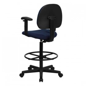 Navy Blue Patterned Fabric Ergonomic Drafting Stool with Arms (Adjustable Range 26''-30.5''H or 22.5''-27''H) [BT-659-NVY-ARMS-GG]