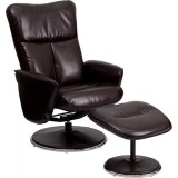 Contemporary Brown Leather Recliner and Ottoman with Circular Leather Wrapped Base [BT-70125-BRN-FLASH-GG]