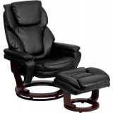 Contemporary Black Leather Recliner and Ottoman with Swiveling Mahogany Wood Base [BT-70222-BK-FLAIR-GG]