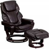 Contemporary Brown Leather Recliner and Ottoman with Swiveling Mahogany Wood Base [BT-70222-BRN-FLAIR-GG]