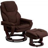 Contemporary Brown Microfiber Recliner and Ottoman with Swiveling Mahogany Wood Base [BT-70222-MIC-FLAIR-GG]