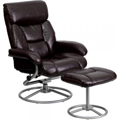 Contemporary Brown Leather Recliner and Ottoman with Metal Base [BT-70230-BRN-CIR-GG]