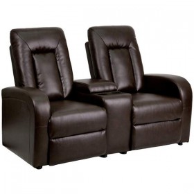 Brown Leather 2-Seat Home Theater Recliner with Storage Console [BT-70259-2-BRN-GG]