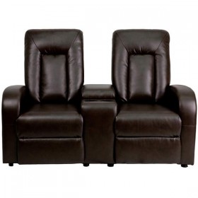 Brown Leather 2-Seat Home Theater Recliner with Storage Console [BT-70259-2-BRN-GG]