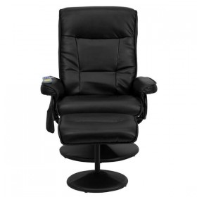 Massaging Black Leather Recliner and Ottoman with Leather Wrapped Base [BT-7320-MASS-BK-GG]