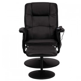 Massaging Black Leather Recliner and Ottoman with Leather Wrapped Base [BT-753P-MASSAGE-BK-GG]