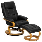 Contemporary Black Leather Recliner and Ottoman with Swiveling Maple Wood Base [BT-7615-BK-CURV-GG]
