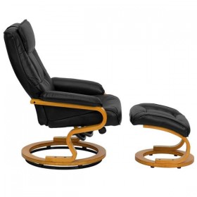 Contemporary Black Leather Recliner and Ottoman with Swiveling Maple Wood Base [BT-7615-BK-CURV-GG]