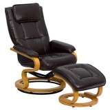 Contemporary Brown Leather Recliner and Ottoman with Swiveling Maple Wood Base [BT-7615-BN-CURV-GG]