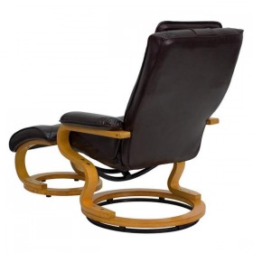 Contemporary Brown Leather Recliner and Ottoman with Swiveling Maple Wood Base [BT-7615-BN-CURV-GG]