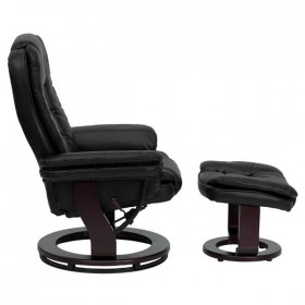 Contemporary Black Leather Recliner and Ottoman with Swiveling Mahogany Wood Base [BT-7818-BK-GG]