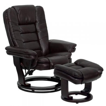 Contemporary Brown Leather Recliner and Ottoman with Swiveling Mahogany Wood Base [BT-7818-BN-GG]