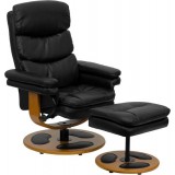 Contemporary Black Leather Recliner and Ottoman with Wood Base [BT-7828-PILLOW-GG]