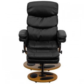 Contemporary Black Leather Recliner and Ottoman with Wood Base [BT-7828-PILLOW-GG]