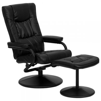 Contemporary Black Leather Recliner and Ottoman with Leather Wrapped Base [BT-7862-BK-GG]