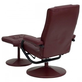 Contemporary Burgundy Leather Recliner and Ottoman with Leather Wrapped Base [BT-7862-BURG-GG]