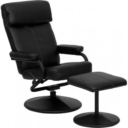 Contemporary Black Leather Recliner and Ottoman with Leather Wrapped Base [BT-7863-BK-GG]
