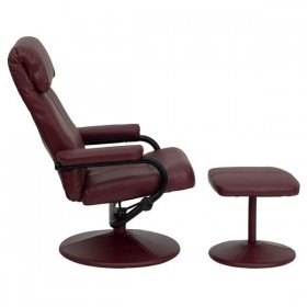 Contemporary Burgundy Leather Recliner and Ottoman with Leather Wrapped Base [BT-7863-BURG-GG]