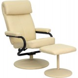 Contemporary Cream Leather Recliner and Ottoman with Leather Wrapped Base [BT-7863-CREAM-GG]