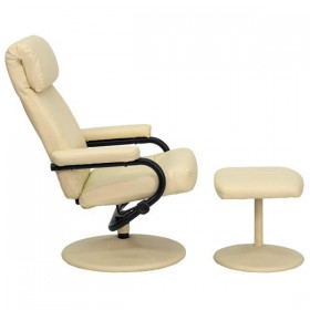 Contemporary Cream Leather Recliner and Ottoman with Leather Wrapped Base [BT-7863-CREAM-GG]