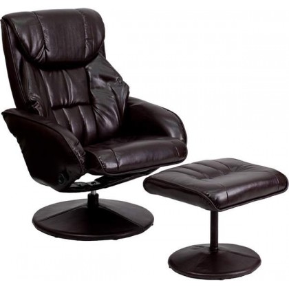 Contemporary Brown Leather Recliner and Ottoman with Circular Leather Wrapped Base [BT-7895-BRN-PINPOINT-GG]