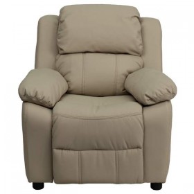 Deluxe Heavily Padded Contemporary Beige Vinyl Kids Recliner with Storage Arms [BT-7985-KID-BGE-GG]