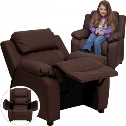 Deluxe Heavily Padded Contemporary Brown Leather Kids Recliner with Storage Arms [BT-7985-KID-BRN-LEA-GG]