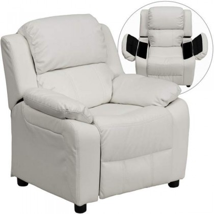 Deluxe Heavily Padded Contemporary White Vinyl Kids Recliner with Storage Arms [BT-7985-KID-WHITE-GG]