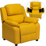 Deluxe Heavily Padded Contemporary Yellow Vinyl Kids Recliner with Storage Arms [BT-7985-KID-YEL-GG]