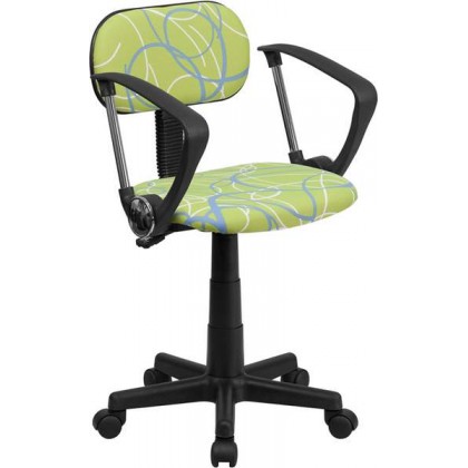 Blue & White Swirl Printed Green Computer Chair with Arms [BT-SWRL-A-GG]