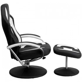 Racing Style Black and White Vinyl Recliner and Ottoman [CH-125695-3-GG]