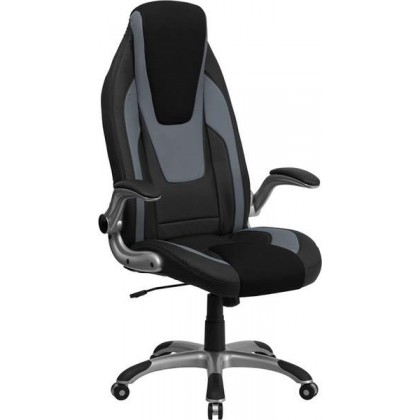 High Back Black & Gray Vinyl Executive Office Chair with Black Mesh Insets and Flip Up Arms [CH-CX0326H02-GG]