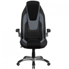 High Back Black & Gray Vinyl Executive Office Chair with Black Mesh Insets and Flip Up Arms [CH-CX0326H02-GG]