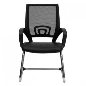 Black Leather Office Side Chair with Black Mesh Back and Sled Base [CP-D119A01-BK-GG]