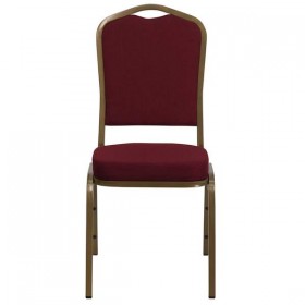 HERCULES Series Crown Back Stacking Banquet Chair with Burgundy Fabric and 2.5'' Thick Seat - Gold Frame [FD-C01-ALLGOLD-3169-GG]