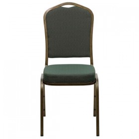 HERCULES Series Crown Back Stacking Banquet Chair with Green Patterned Fabric and 2.5'' Thick Seat - Gold Vein Frame [FD-C01-GOLDVEIN-0640-GG]