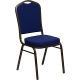 HERCULES Series Crown Back Stacking Banquet Chair with Navy Blue Patterned Fabric and 2.5'' Thick Seat - Gold Vein Frame [FD-C01-GOLDVEIN-208-GG]