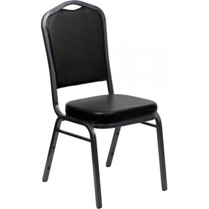 HERCULES Series Crown Back Stacking Banquet Chair with Black Vinyl and 2.5'' Thick Seat - Silver Vein Frame [FD-C01-SILVERVEIN-BK-VY-GG]
