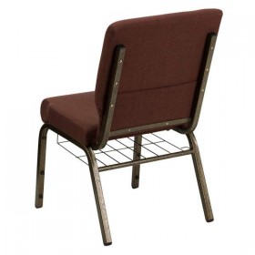 HERCULES Series 18.5'' Wide Brown Fabric Church Chair with 4.25'' Thick Seat, Communion Cup Book Rack - Gold Vein Frame [FD-CH02185-GV-10355-BAS-GG]