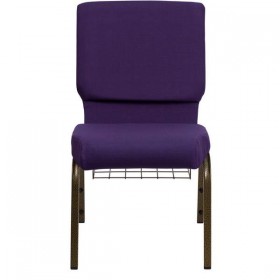 HERCULES Series 18.5'' Wide Royal Purple Fabric Church Chair with 4.25'' Thick Seat, Communion Cup Book Rack - Gold Vein Frame [FD-CH02185-GV-ROY-BAS-GG]