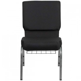 HERCULES Series 18.5'' Wide Black Patterned Fabric Church Chair with 4.25'' Thick Seat, Communion Cup Book Rack - Silver Vein Frame [FD-CH02185-SV-JP02-BAS-GG]