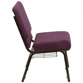 HERCULES Series 21'' Extra Wide Plum Fabric Church Chair with 4'' Thick Seat, Communion Cup Book Rack - Gold Vein Frame [FD-CH0221-4-GV-005-BAS-GG]