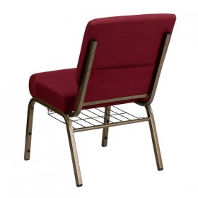 HERCULES Series 21'' Extra Wide Burgundy Fabric Church Chair with 4'' Thick Seat, Communion Cup Book Rack - Gold Vein Frame [FD-CH0221-4-GV-3169-BAS-GG]