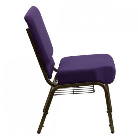 HERCULES Series 21'' Extra Wide Royal Purple Fabric Church Chair with 4'' Thick Seat, Communion Cup Book Rack - Gold Vein Frame [FD-CH0221-4-GV-ROY-BAS-GG]