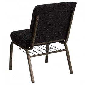 HERCULES Series 21'' Extra Wide Black Dot Patterned Fabric Church Chair with 4'' Thick Seat, Communion Cup Book Rack - Gold Vein Frame [FD-CH0221-4-GV-S0806-BAS-GG]