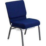 HERCULES Series 21'' Extra Wide Navy Blue Fabric Church Chair with 4'' Thick Seat, Communion Cup Book Rack - Silver Vein Frame [FD-CH0221-4-SV-NB24-BAS-GG]