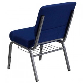 HERCULES Series 21'' Extra Wide Navy Blue Fabric Church Chair with 4'' Thick Seat, Communion Cup Book Rack - Silver Vein Frame [FD-CH0221-4-SV-NB24-BAS-GG]